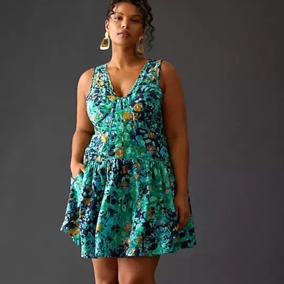 Anthropologie Corset Floral Mini Dress 12P NWT Turquoise Blue Green Party - Picture 1 of 5